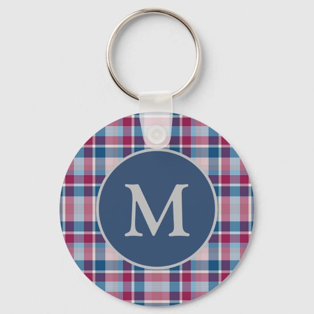 Stylish Classic Plaid Monogrammed Keychain (Front)