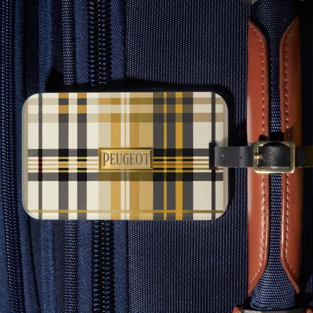 Stylish Classic Plaid Tan Gold and Taupe Luggage Tag (Front Insitu 4)