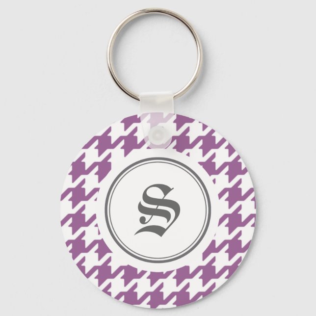 Stylish classic purple houndstooth with monogram keychain (Front)