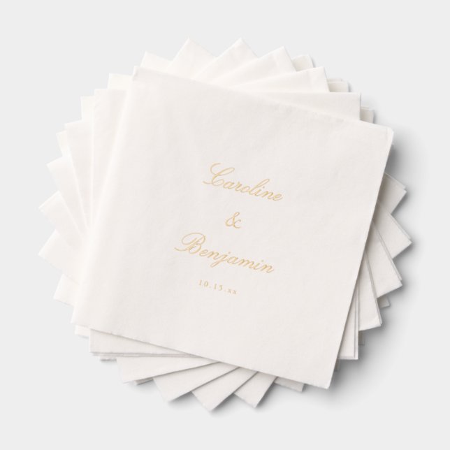 Stylish Classic Script Elegant Wedding Custom Gold Foil Napkins (Insitu (Stacked))