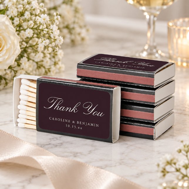 Stylish Classic Script Elegant Wedding Custom Plum Matchboxes (Creator Uploaded)