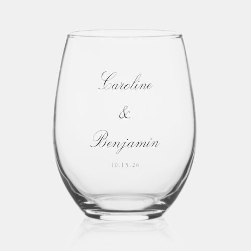 Stylish Classic Script Elegant Wedding Custom  Stemless Wine Glass