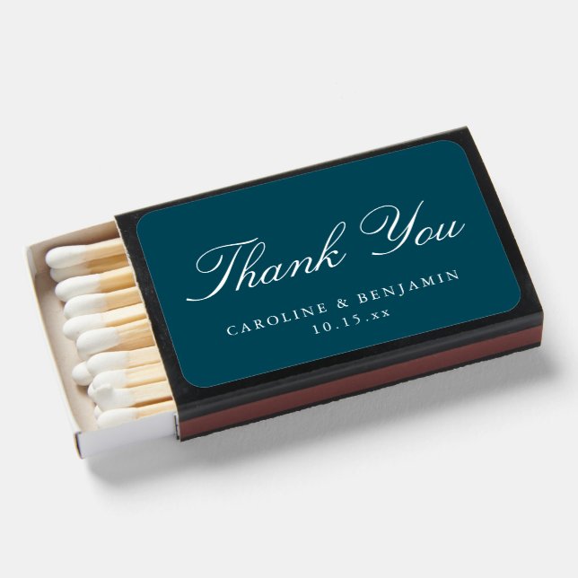 Stylish Classic Script Elegant Wedding Custom Teal Matchboxes (Front Open)