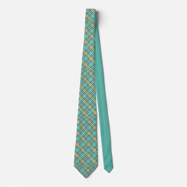 Stylish Classic Teal Gold Plaid Pattern Neck Tie (Front)