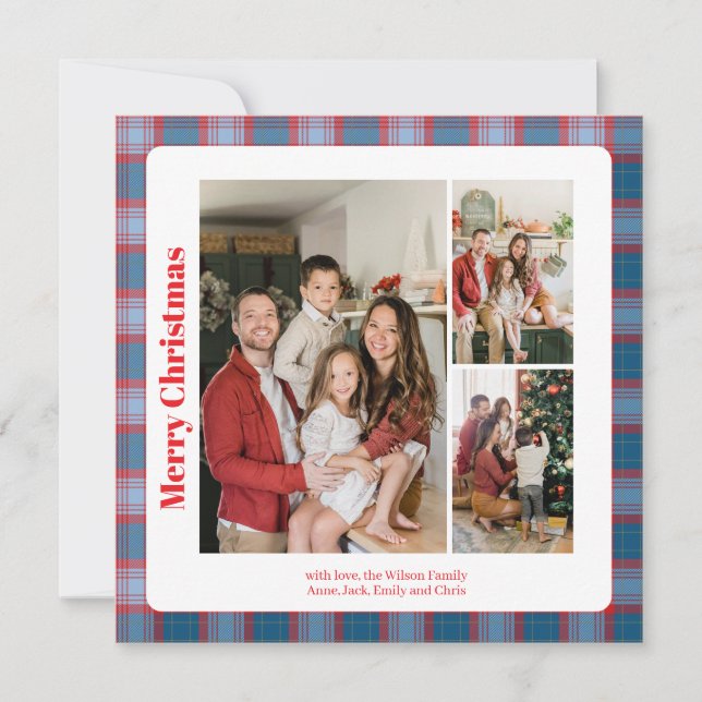 Stylish Classy Plaid 3 photos Christmas  Holiday Card (Front)