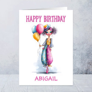 Stylish Clown Girl Holding Balloons Birthday Card