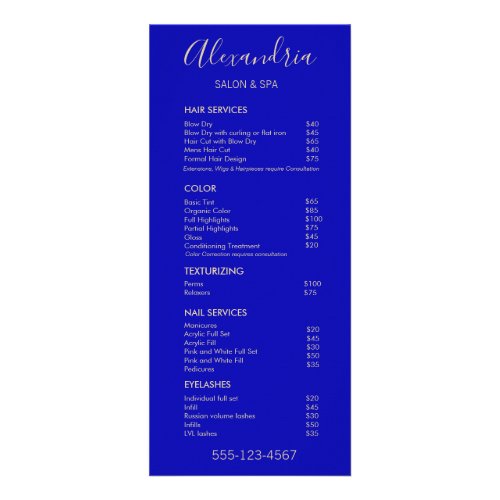 Stylish Cobalt Blue Salon Service Menu