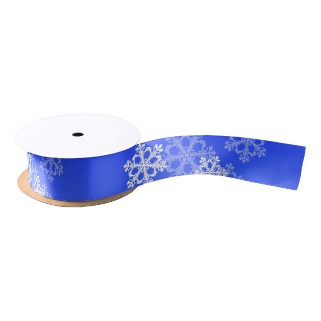 Stylish Cobalt Blue Snowflakes Modern Christmas Satin Ribbon (Spool)