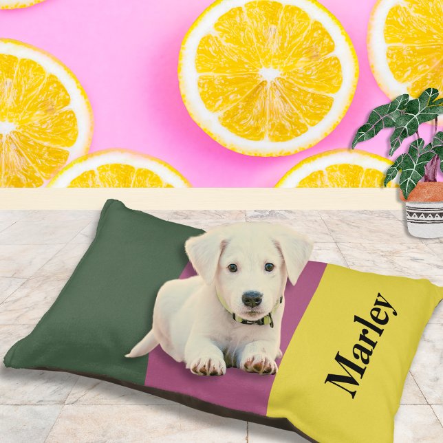 Stylish Color Block Modern Personalized Name Dog Pet Bed (A stylish, personalized dog bed, with modern color block design in green, pink and yellow)