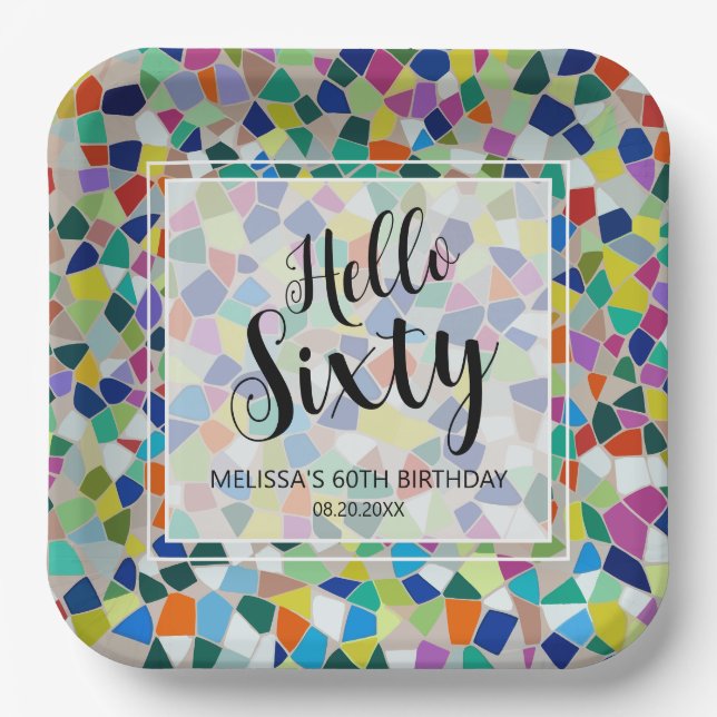 Stylish Colorful Mosaic Hello Sixty 60th Birthday Paper Plates (Front)