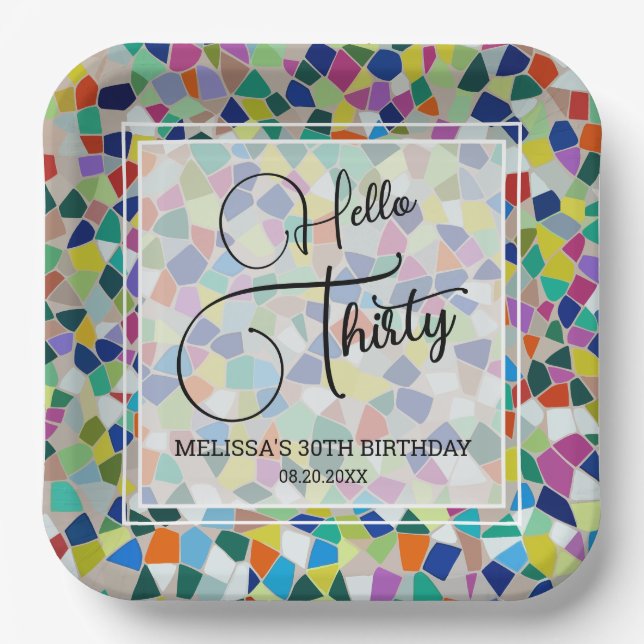 Stylish Colorful Mosaic Hello Thirty 30th Birthday Paper Plates (Front)