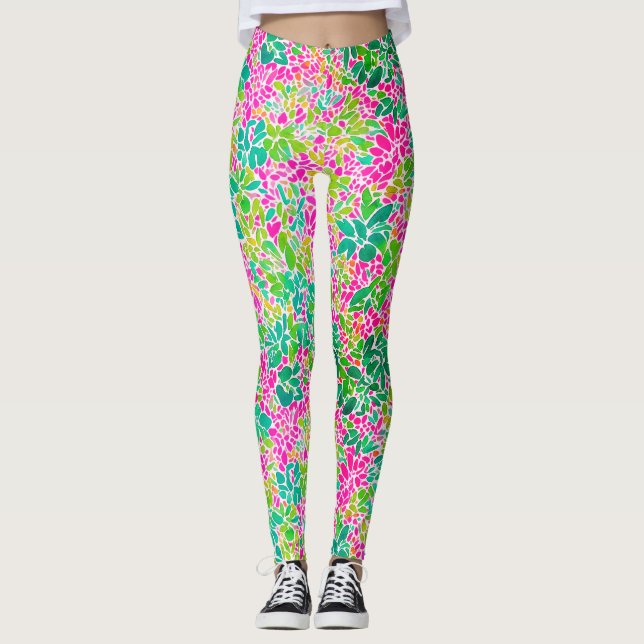 Stylish Colorful Pink Floral Botanical Watercolor Leggings (Front)
