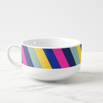 Stylish Colorful Pink Yellow Blue Stripes Pattern Soup Mug by VintageDesignsShop at Zazzle
