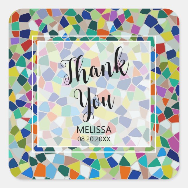 Stylish Colorful Rainbow Mosaic Thank You Square Sticker (Front)