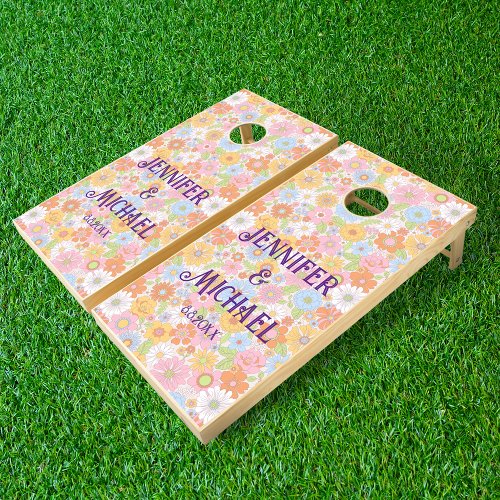 stylish colorful retro floral wedding purple cornhole set