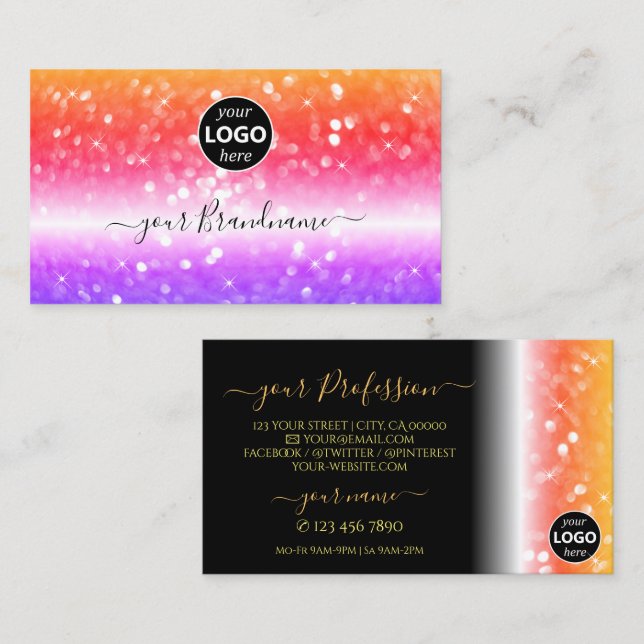 Stylish Colorful Sparkling Glitter Black with Logo Business Card (Front/Back)
