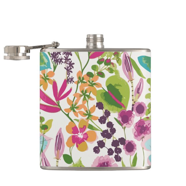 Stylish Colorful Summer Tropical Floral Pattern Hip Flask (Opened)