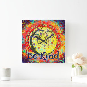 Stylish Colorful Tree Whimsical Kindness Quote Square Wall Clock