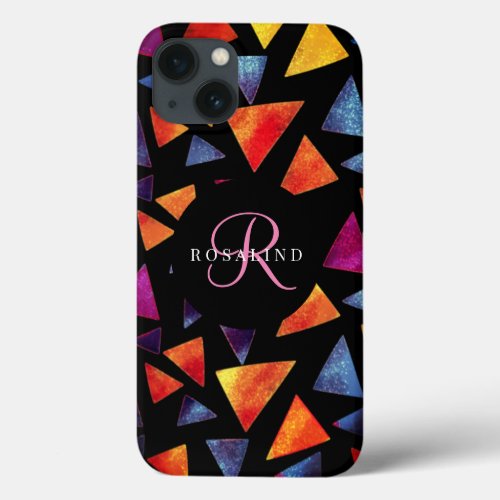 Stylish Colorful Triangles Pattern Monogrammed iPhone 13 Case