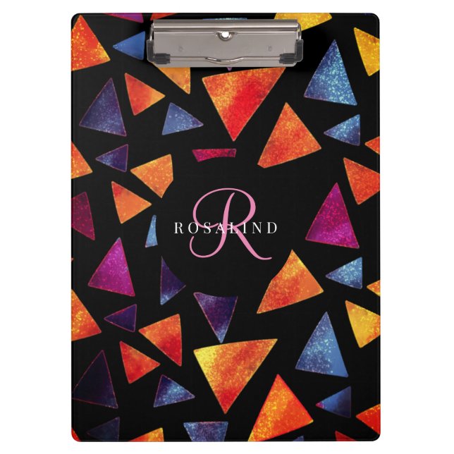 Stylish Colorful Triangles Pattern Monogrammed Clipboard (Front)