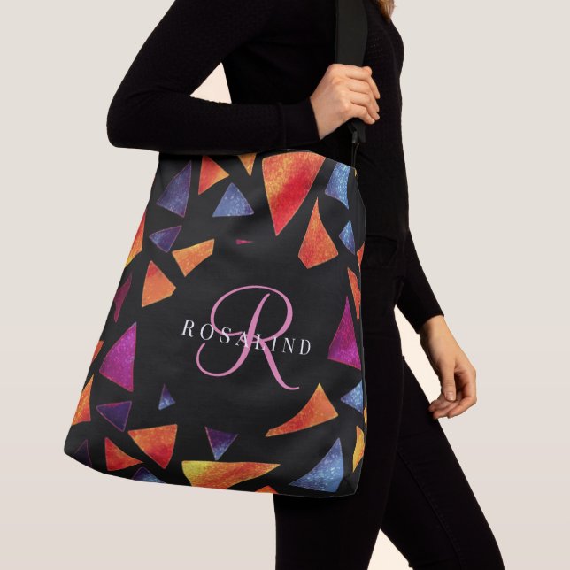 Stylish Colorful Triangles Pattern Monogrammed Crossbody Bag (Close Up)