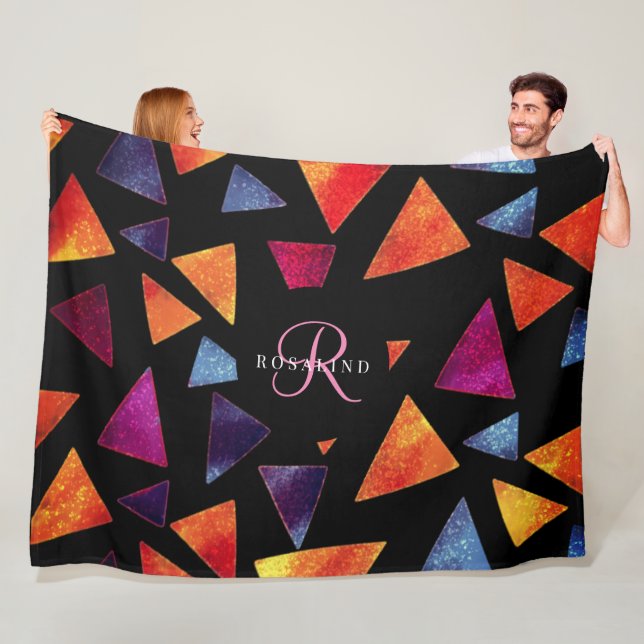 Stylish Colorful Triangles Pattern Monogrammed Fleece Blanket (In Situ)