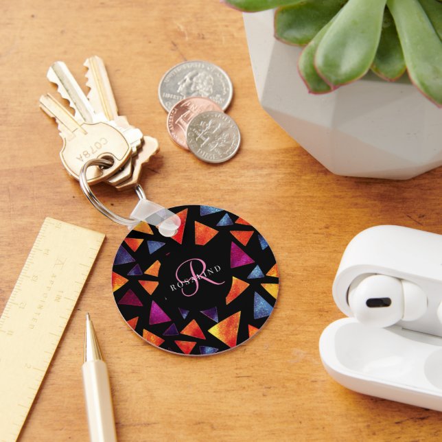 Stylish Colorful Triangles Pattern Monogrammed Keychain (Desk)