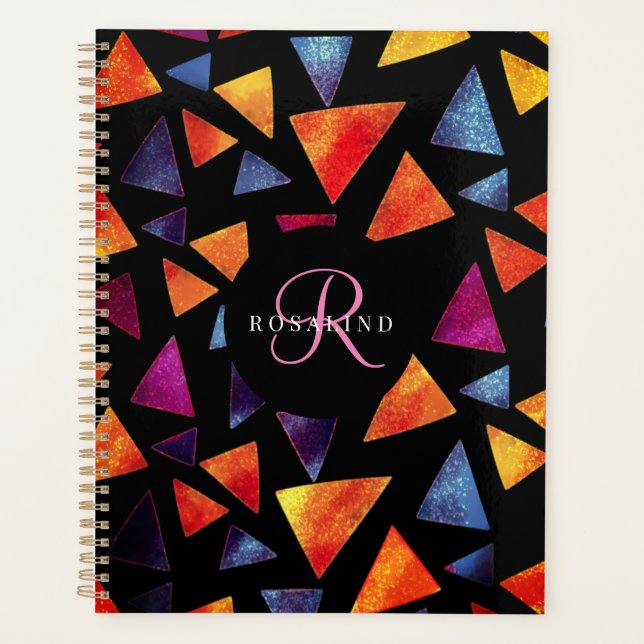 Stylish Colorful Triangles Pattern Monogrammed Planner (Front)