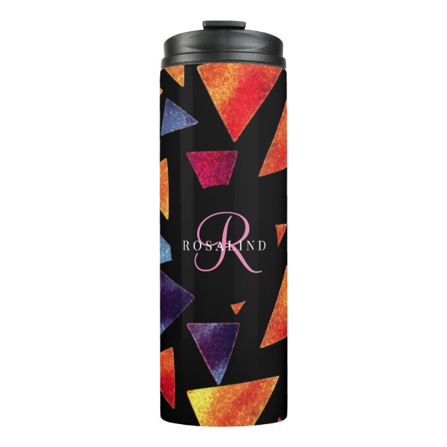 Stylish Colorful Triangles Pattern Monogrammed Thermal Tumbler (Front)
