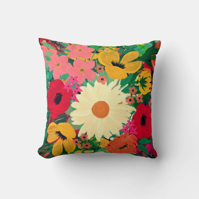 Stylish Colorful Watercolor Floral Design Throw Pillow (Front)