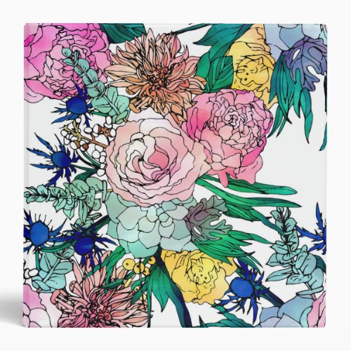 Stylish Colorful Watercolor Floral Pattern 3 Ring Binder