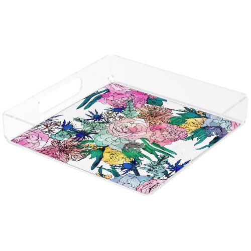 Stylish Colorful Watercolor Floral Pattern Acrylic Tray