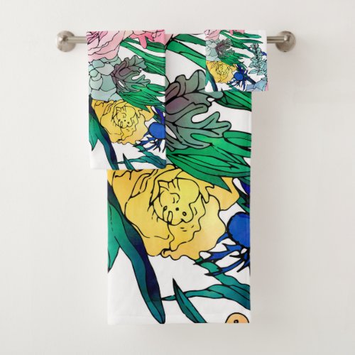 Stylish Colorful Watercolor Floral Pattern Bath Towel Set