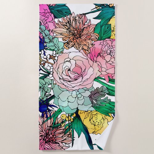 Stylish Colorful Watercolor Floral Pattern Beach Towel