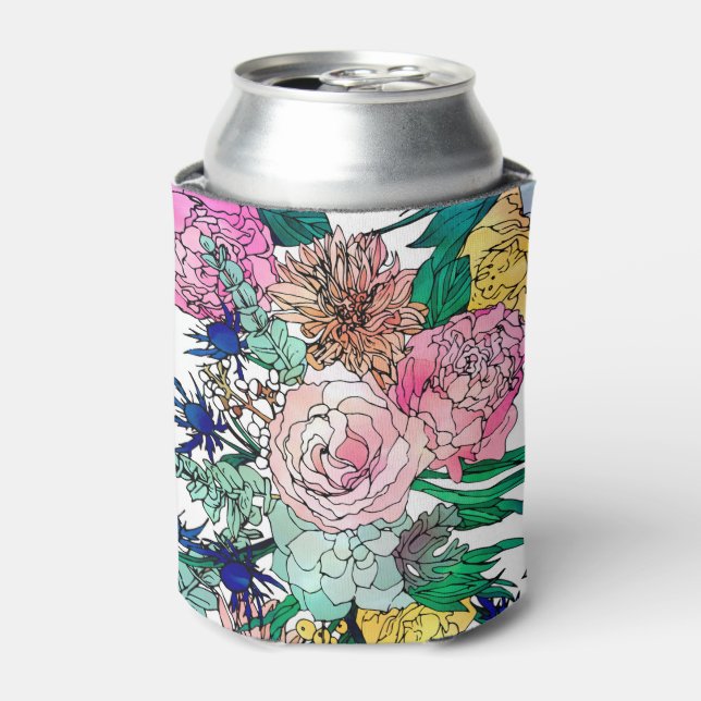 Stylish Colorful Watercolor Floral Pattern Can Cooler (Can Front)