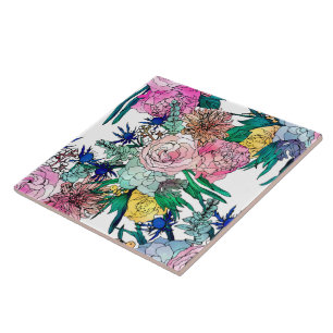 Stylish Colorful Watercolor Floral Pattern Ceramic Tile