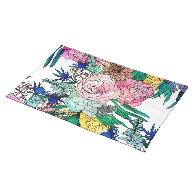 Stylish Colorful Watercolor Floral Pattern Cloth Placemat (On Table)