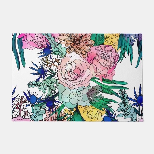 Stylish Colorful Watercolor Floral Pattern Doormat (Front)
