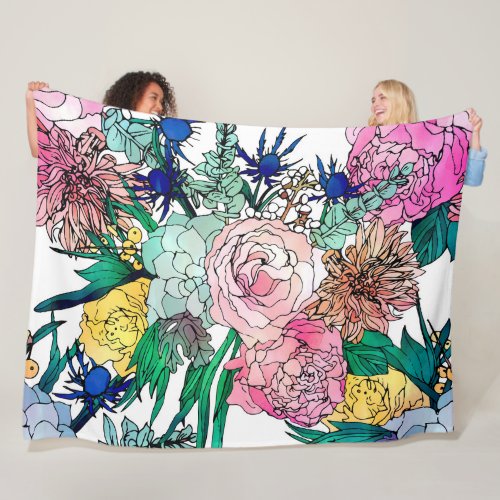 Stylish Colorful Watercolor Floral Pattern Fleece Blanket