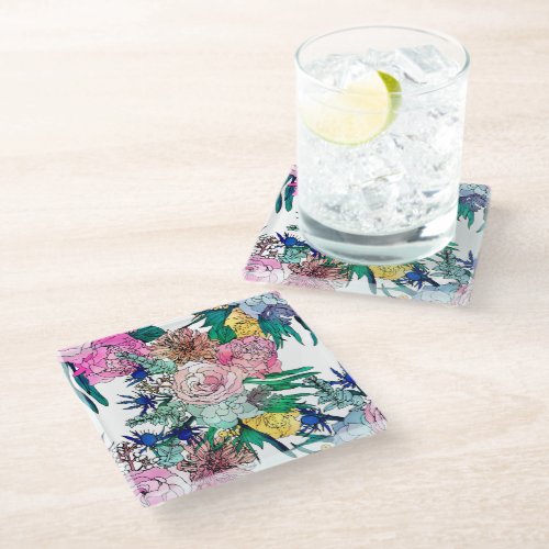 Stylish Colorful Watercolor Floral Pattern Glass Coaster
