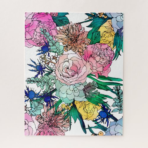 Stylish Colorful Watercolor Floral Pattern Jigsaw Puzzle