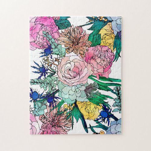 Stylish Colorful Watercolor Floral Pattern Jigsaw Puzzle