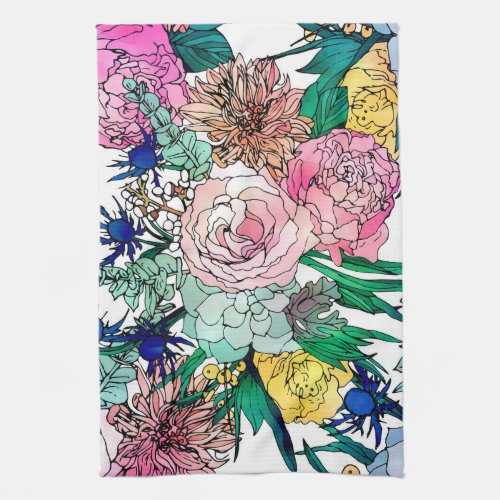 Stylish Colorful Watercolor Floral Pattern Kitchen Towel