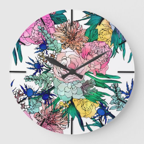 Stylish Colorful Watercolor Floral Pattern Large Clock