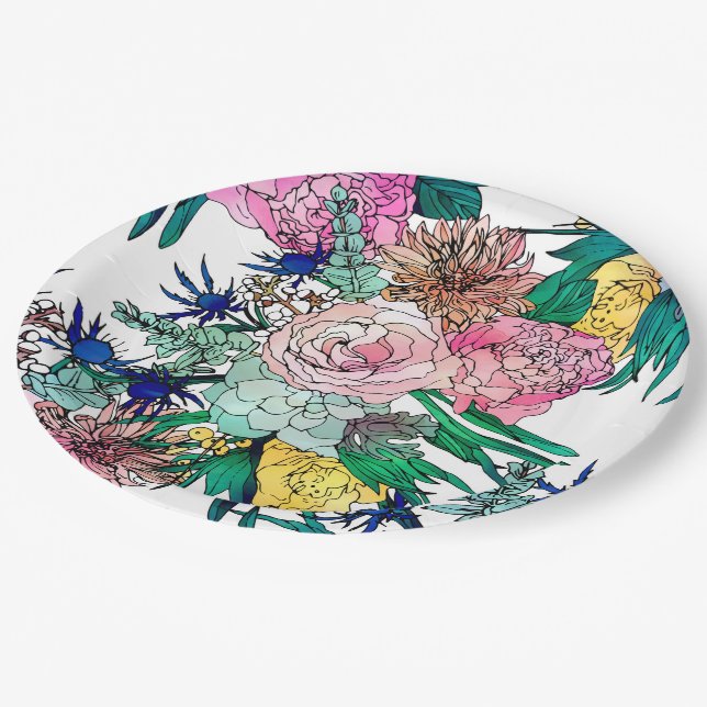 Stylish Colorful Watercolor Floral Pattern Paper Plates (Angled)