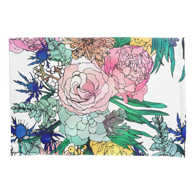 Stylish Colorful Watercolor Floral Pattern Pillow Case (Front)