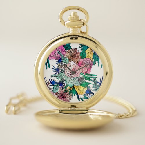 Stylish Colorful Watercolor Floral Pattern Pocket Watch