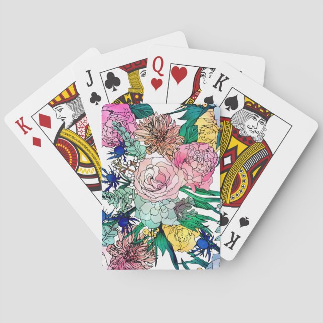 Stylish Colorful Watercolor Floral Pattern Poker Cards (Back)