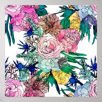 Stylish Colorful Watercolor Floral Pattern Poster by Trendy_arT at Zazzle