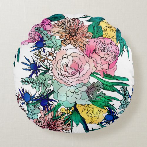 Stylish Colorful Watercolor Floral Pattern Round Pillow